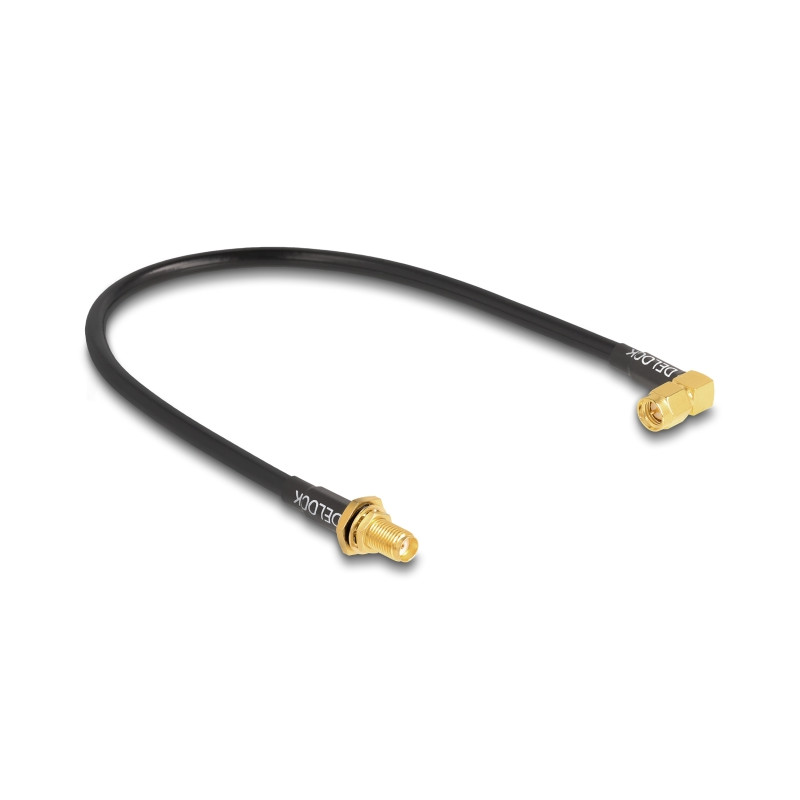 Delock Antennenkabel SMA Buchse zum Einbau spritzwassergeschützt zu SMA Stecker 90° RG-58 30 cm