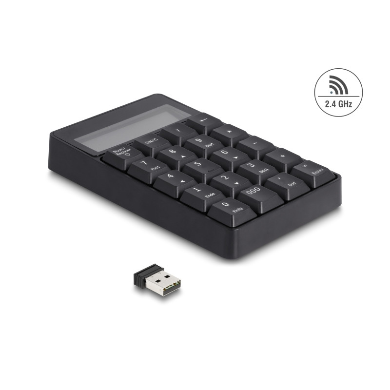 Delock 2 in 1 USB Typ-A Nummernblock mit Taschenrechner Funktion 2,4 GHz kabellos schwarz