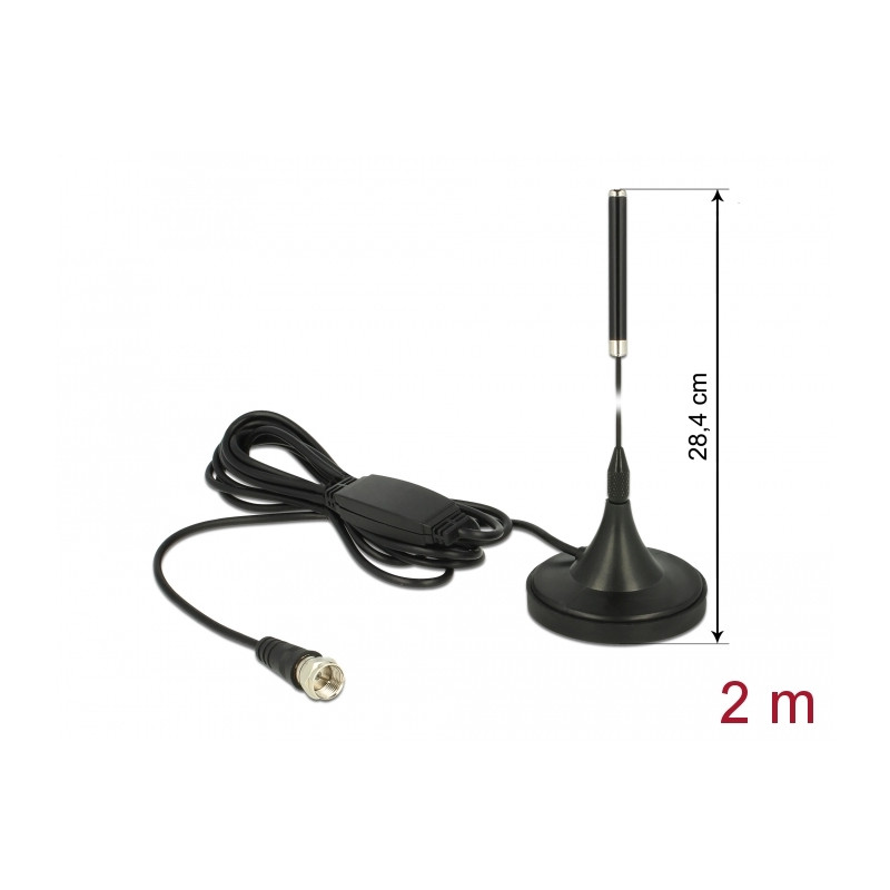 Delock DAB+ Antenne F Stecker 21 dBi aktiv starr omnidirektional mit magnetischem Standfuß RG-174 2 m schwarz