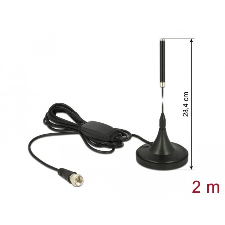 Delock DAB+ Antenne F Stecker 21 dBi aktiv starr omnidirektional mit magnetischem Standfuß RG-174 2 m schwarz