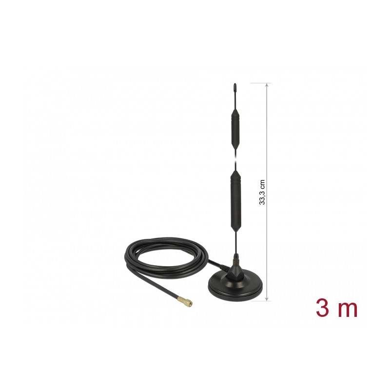 Delock GSM Antenne Quadband SMA Stecker 5 dBi starr omnidirektional mit magnetischem Standfuß und Anschlusskabel RG-58 3 m outdo