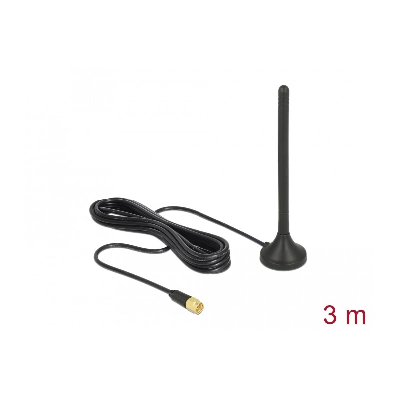 Delock GSM / UMTS / LTE Antenne SMA Stecker 2,5 dBi starr omnidirektional mit magnetischem Standfuß und Anschlusskabel RG-174 3 