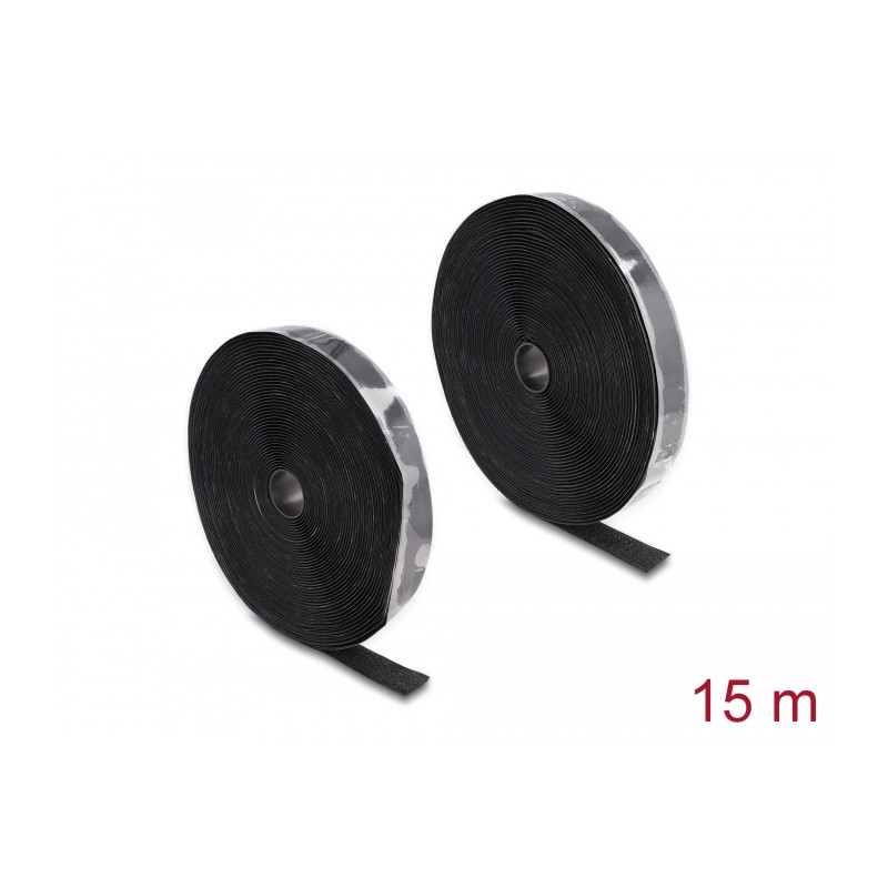 Delock Strapazierfähiges Klettband selbstklebend mit Haft- und Flauschband L 15 m x B 25 mm schwarz