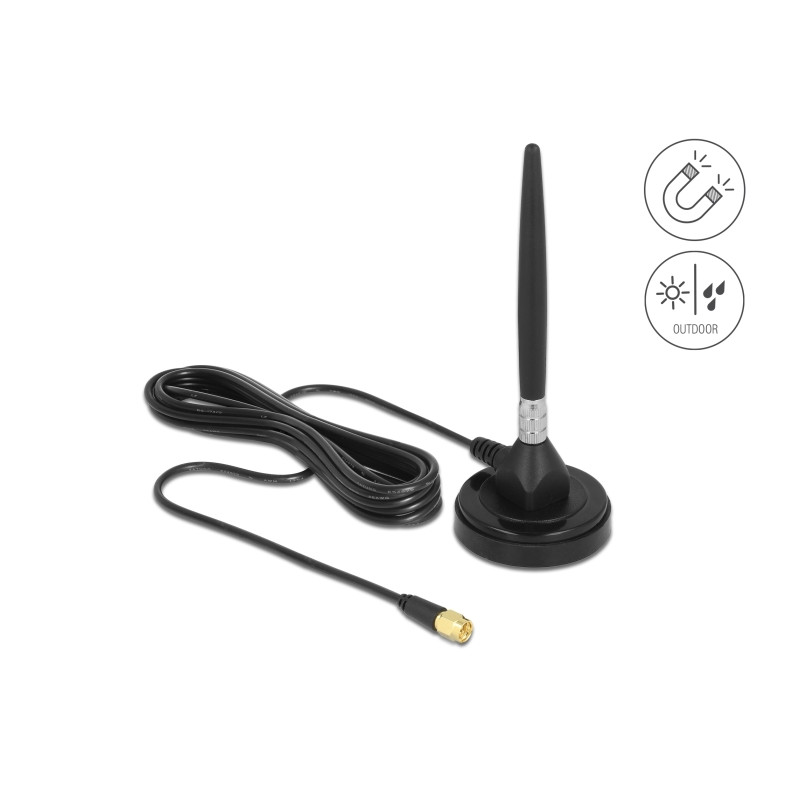 Delock GSM Antenne SMA Stecker Schraubmontage 3 dBi starr omnidirektional mit magnetischem Standfuß und Anschlusskabel RG-174 3 