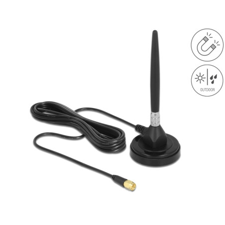 Delock GSM Antenne SMA Stecker Schraubmontage 3 dBi starr omnidirektional mit magnetischem Standfuß und Anschlusskabel RG-174 3 