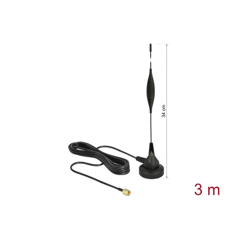 Delock GSM Antenne SMA Stecker 5 dBi starr omnidirektional mit magnetischem Standfuß und Anschlusskabel RG-174 3 m outdoor schwa