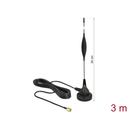 Delock GSM Antenne SMA Stecker 5 dBi starr omnidirektional mit magnetischem Standfuß und Anschlusskabel RG-174 3 m outdoor schwa
