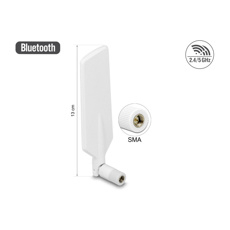 Delock LTE Antenne Dualband WLAN ac/a/b/g/n SMA Stecker 1 - 4 dBi omnidirektional drehbar mit Kippgelenk weiß