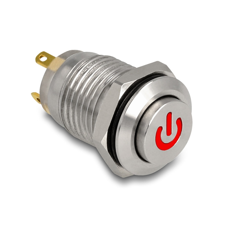 Delock Drucktaster zum Einbau 12 mm 4 x Lötanschluss LED rot Powersymbol tastend
