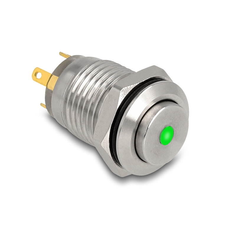 Delock Drucktaster zum Einbau 12 mm 4 x Lötanschluss LED grüner Punkt tastend