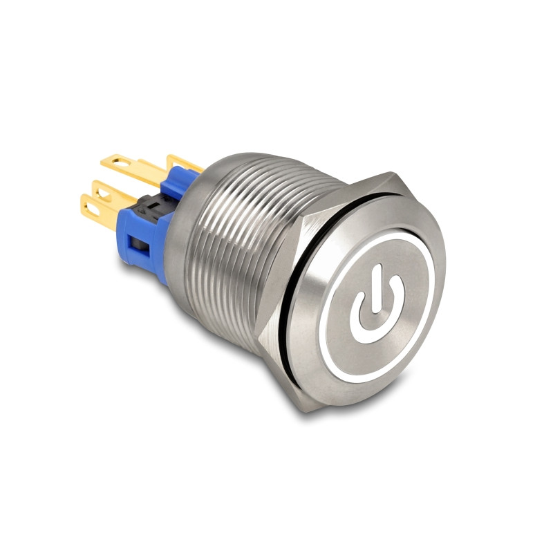Delock Drucktaster zum Einbau 22 mm 6 x Lötanschluss LED weiß tastend Powersymbol + Ring