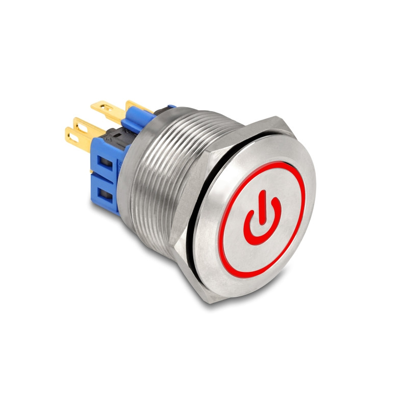 Delock Drucktaster zum Einbau 25 mm 6 x Lötanschluss LED rot tastend Powersymbol + Ring