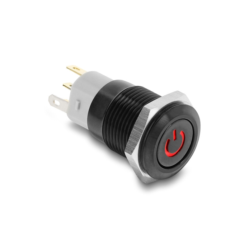 Delock Druckschalter zum Einbau schwarz 16 mm 12 V 5 x Lötanschluss LED rot rastend Powersymbol + Ring