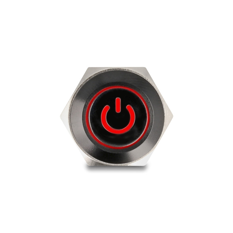 Delock Druckschalter zum Einbau schwarz 16 mm 12 V 5 x Lötanschluss LED rot rastend Powersymbol + Ring
