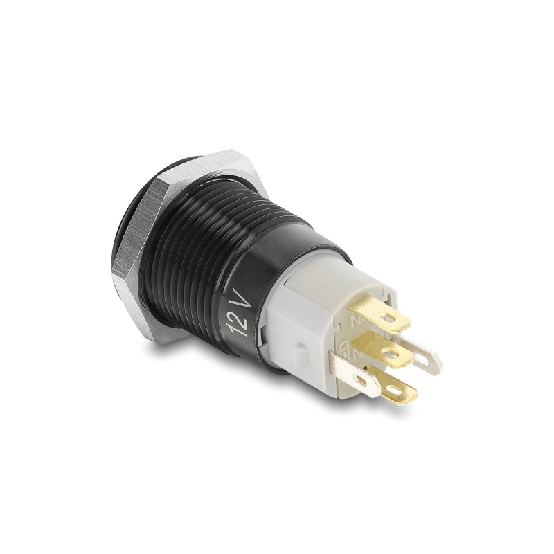 Delock Druckschalter zum Einbau schwarz 16 mm 12 V 5 x Lötanschluss LED rot rastend Powersymbol + Ring