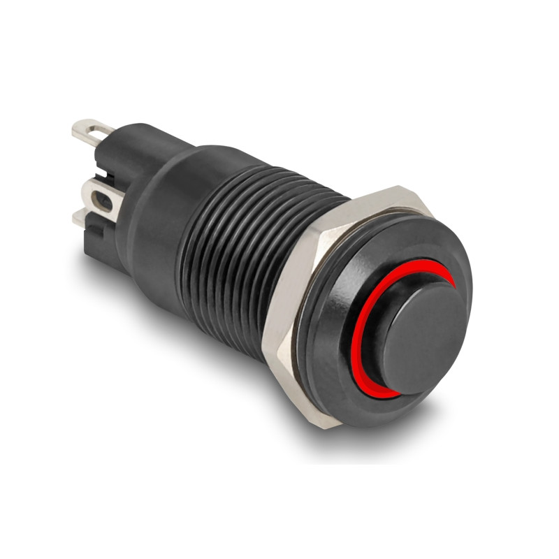 Delock Druckschalter zum Einbau schwarz 12 mm 12 V 4 x Lötanschluss rastend LED rot Ring