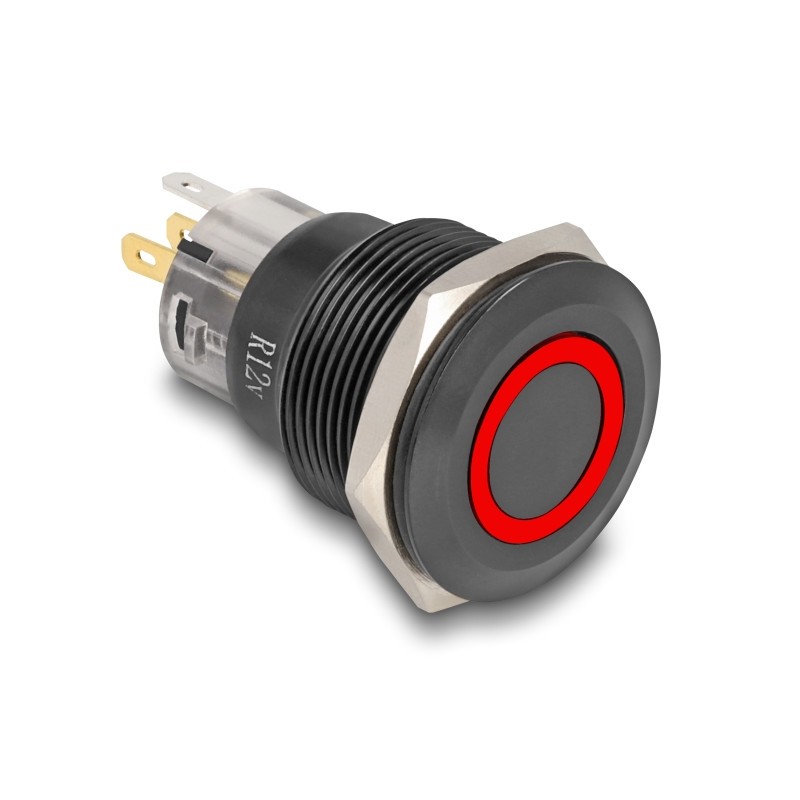 Delock Druckschalter zum Einbau schwarz 22 mm 12 V 5 x Lötanschluss rastend LED rot Ring
