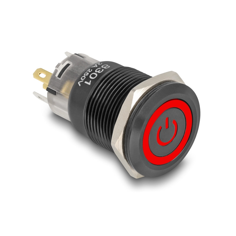 Delock Druckschalter zum Einbau schwarz 19 mm 12 V 5 x Lötanschluss rastend LED rot Powersymbol + Ring