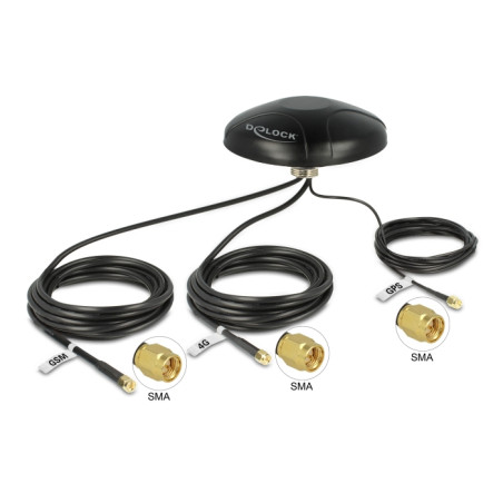 Delock Multiband LTE UMTS GSM GPS Antenne 3 x SMA Stecker omnidirektional Dachmontage schwarz outdoor