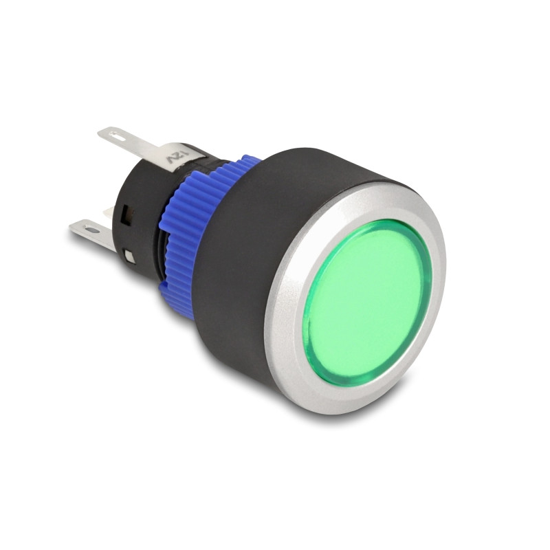 Delock Drucktaster zum Einbau 22 mm 5 x Lötanschluss Taster flach Kunststoff LED grün