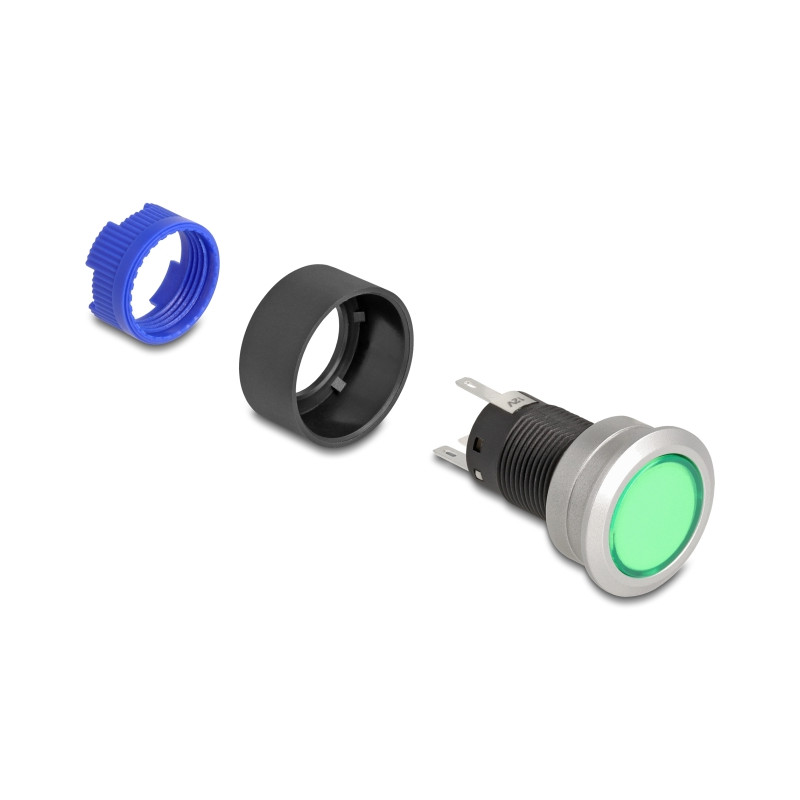Delock Drucktaster zum Einbau 22 mm 5 x Lötanschluss Taster flach Kunststoff LED grün