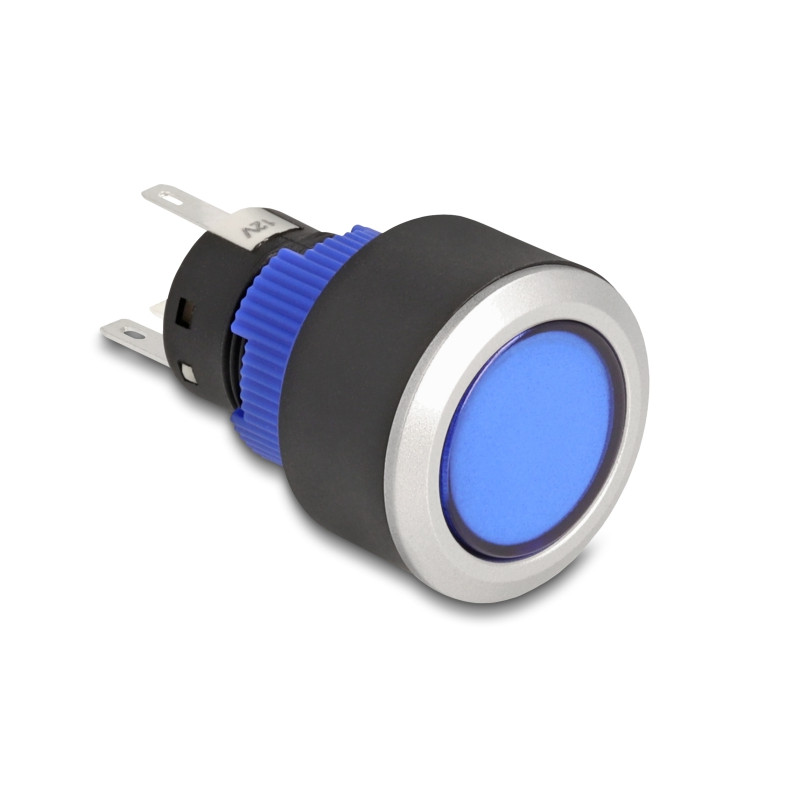 Delock Drucktaster zum Einbau 22 mm 5 x Lötanschluss Taster flach Kunststoff LED blau