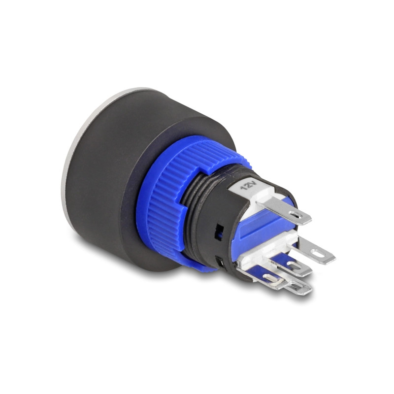 Delock Drucktaster zum Einbau 22 mm 5 x Lötanschluss Taster flach Kunststoff LED blau