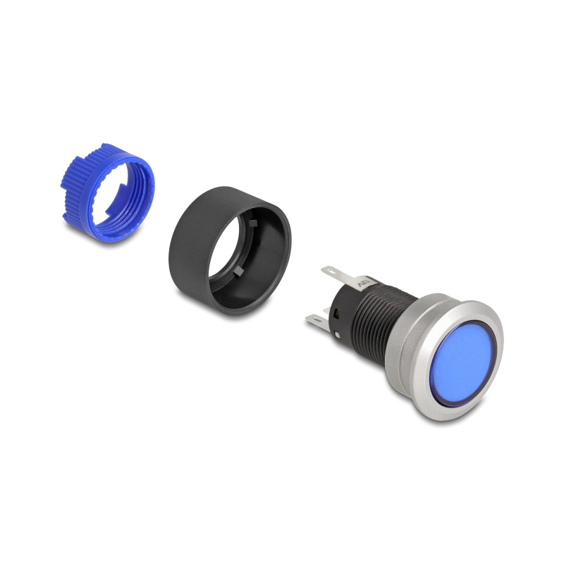 Delock Drucktaster zum Einbau 22 mm 5 x Lötanschluss Taster flach Kunststoff LED blau