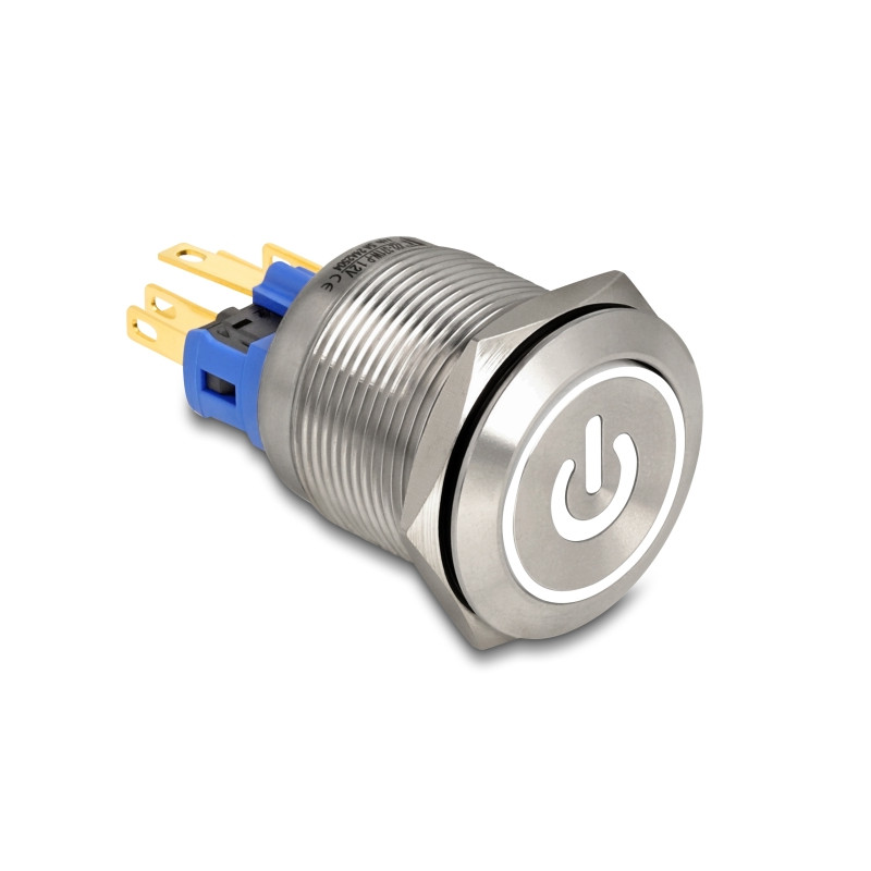Delock Druckschalter zum Einbau 22 mm 6 x Lötanschluss LED weiß Powersymbol + Ring