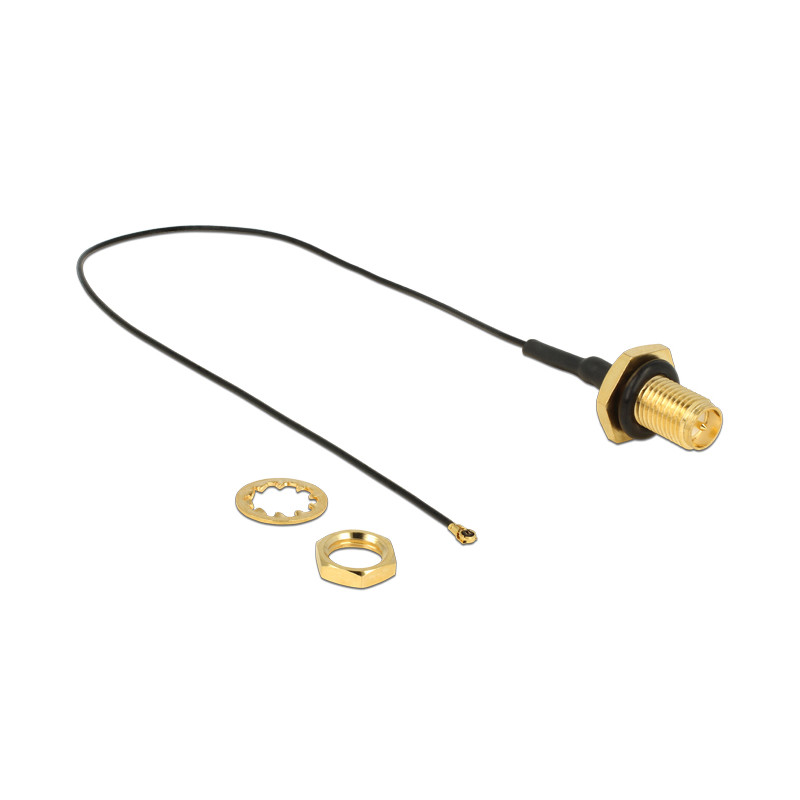 Delock Antennenkabel RP-SMA Buchse zum Einbau zu I-PEX Inc., MHF® 4 Stecker 0.81 20 cm Gewindelänge 9 mm spritzwassergeschützt