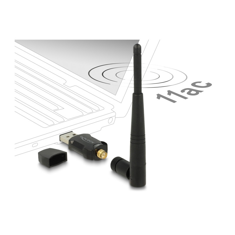 Delock USB 2.0 Dualband WLAN ac/a/b/g/n Stick 433 + 150 Mbps mit externer Antenne