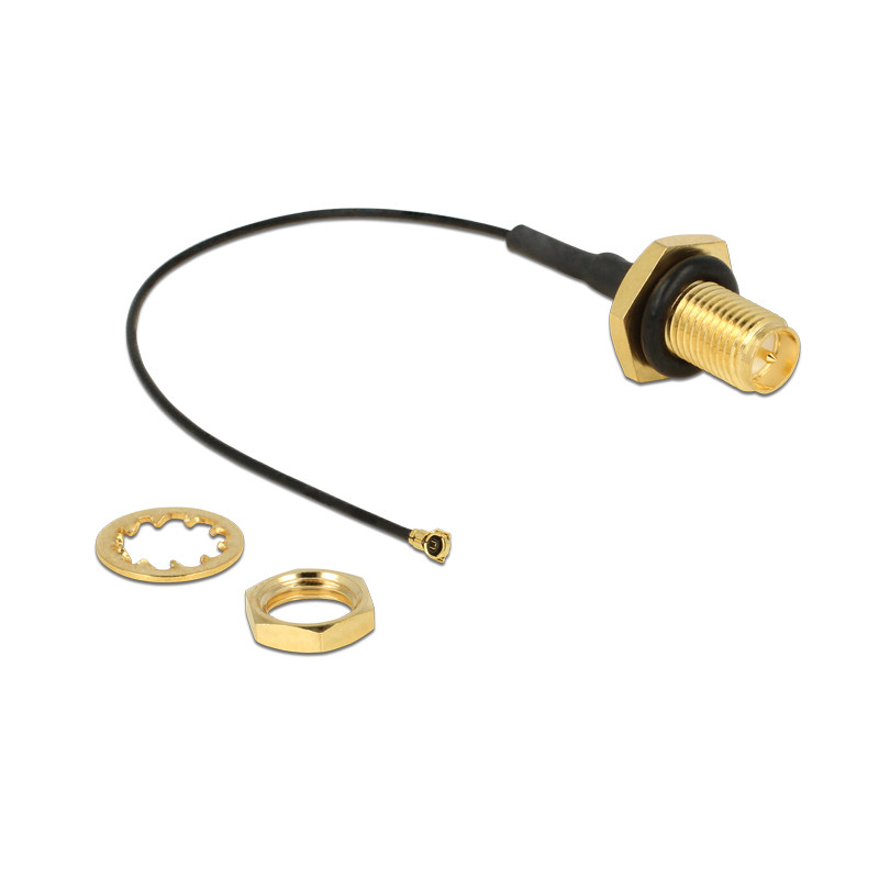 Delock Antennenkabel RP-SMA Buchse zum Einbau zu I-PEX Inc., MHF® 4 Stecker 0.81 10 cm Gewindelänge 9 mm spritzwassergeschützt