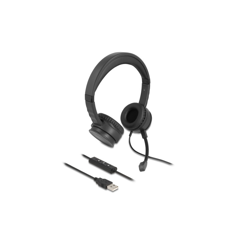 Delock USB Stereo Headset mit Kabelfernbedienung und Quick-Mute Taste für PC und Notebook