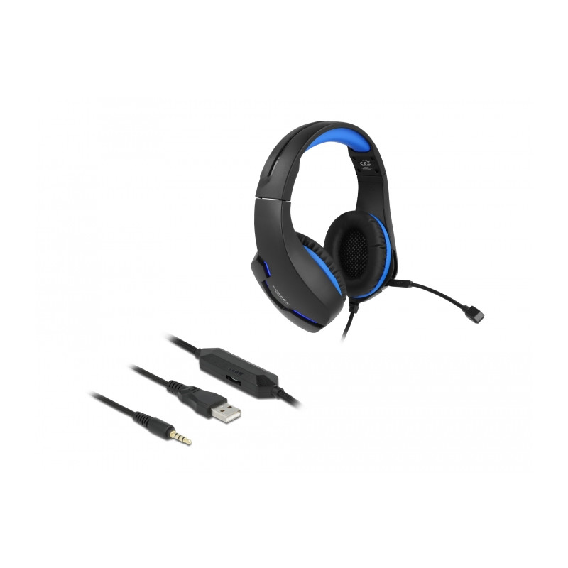 Delock Gaming Headset Over-Ear mit 3,5 mm Klinkenstecker und blauem LED Licht für PC, Notebook und Spielekonsolen