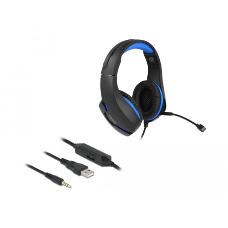 Delock Gaming Headset Over-Ear mit 3,5 mm Klinkenstecker und blauem LED Licht für PC, Notebook und Spielekonsolen