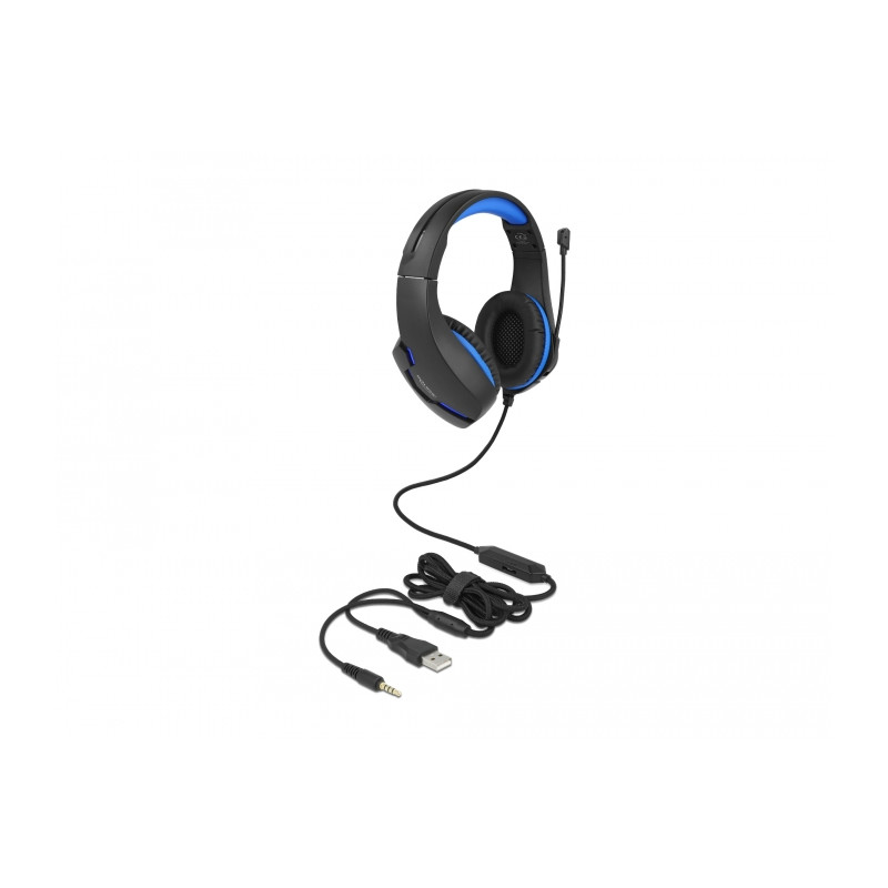 Delock Gaming Headset Over-Ear mit 3,5 mm Klinkenstecker und blauem LED Licht für PC, Notebook und Spielekonsolen