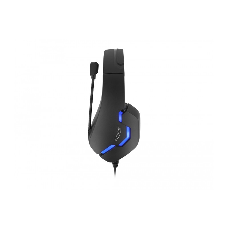 Delock Gaming Headset Over-Ear mit 3,5 mm Klinkenstecker und blauem LED Licht für PC, Notebook und Spielekonsolen