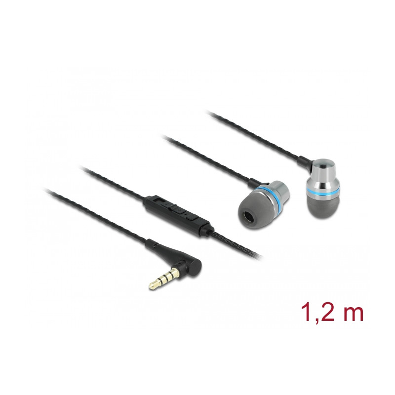 Delock In-Ear Kopfhörer mit 4 Pin 3,5 mm Klinkenstecker, Mikrofon und Lautstärkeregler + Quick-Mute Funktion für Smartphones und