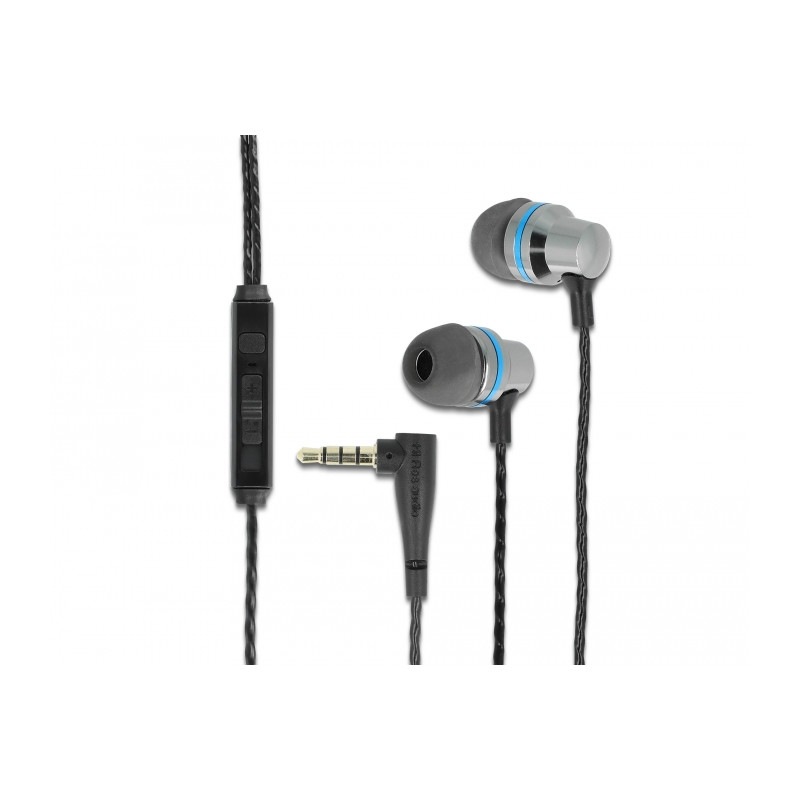 Delock In-Ear Kopfhörer mit 4 Pin 3,5 mm Klinkenstecker, Mikrofon und Lautstärkeregler + Quick-Mute Funktion für Smartphones und