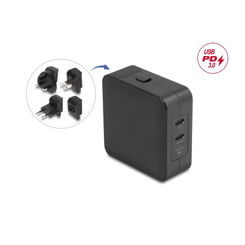 Delock USB GaN Ladegerät 2 x USB Type-C™ PD 3.0 mit 65 W inklusive Strom-Adapter für EU / US / UK