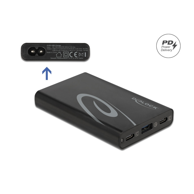 Delock USB Ladegerät 2 x USB Type-C™ PD 3.0 + 1 x USB Typ-A mit 60 W