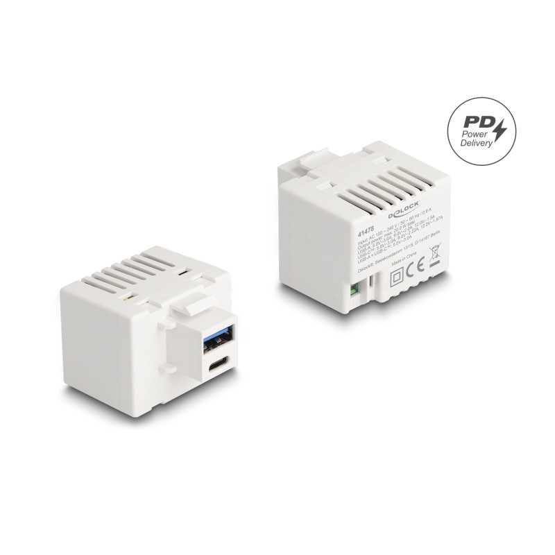 Delock Keystone Modul mit USB Typ-A und USB Type-C™ Ladebuchse PD 20 W weiß