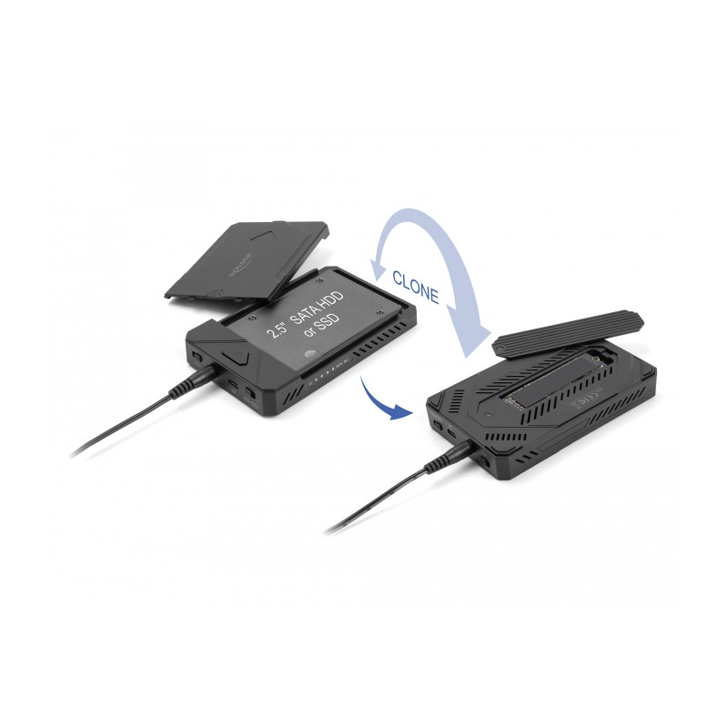 Delock USB Type-C™ Gehäuse für 1 x M.2 NVMe SSD + 1 x 2.5″ SATA SSD / HDD mit Klon Funktion