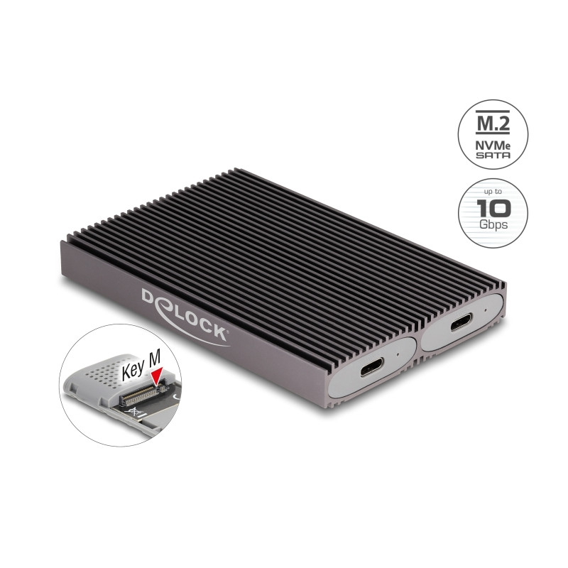 Delock Externes USB Type-C™ Dual Combo Gehäuse für 2 x M.2 NVMe PCIe oder SATA SSD - werkzeugfrei
