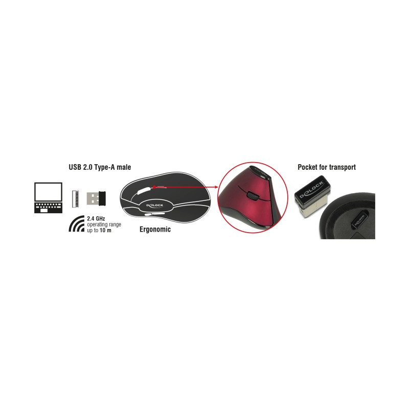 Delock Ergonomische vertikal optische 5-Tasten Maus 2,4 GHz kabellos
