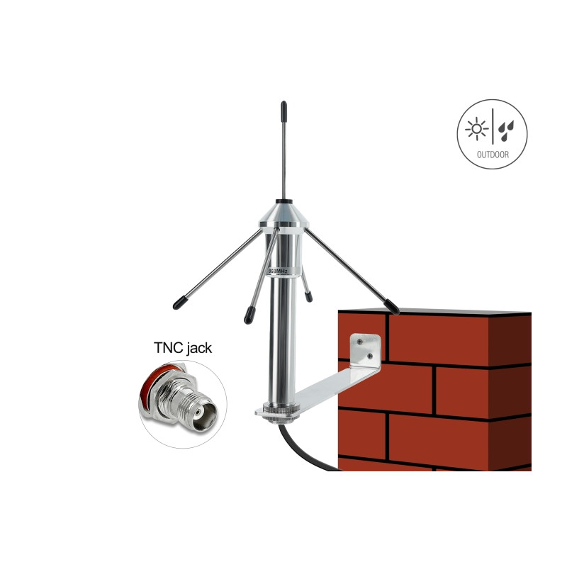 Delock LPWAN 868 MHz Antenne TNC Buchse 3 dBi omnidirektional starr mit Anschlusskabel RG-58 C/U 3 m Wandmontage outdoor silber