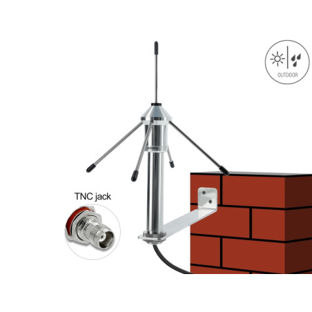 Delock LPWAN 868 MHz Antenne TNC Buchse 3 dBi omnidirektional starr mit Anschlusskabel RG-58 C/U 3 m Wandmontage outdoor silber