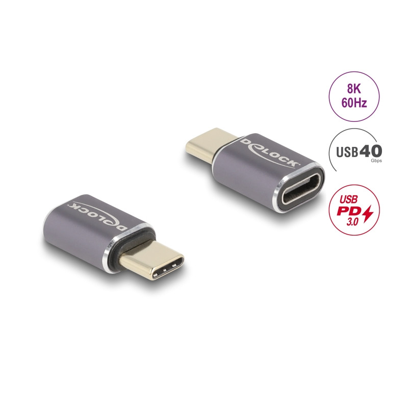 Delock USB Adapter 40 Gbps USB Type-C™ PD 3.0 100 W Stecker zu Buchse Portschoner 8K 60 Hz Metall