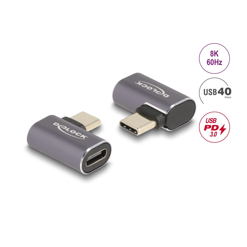 Delock USB Adapter 40 Gbps USB Type-C™ PD 3.0 100 W Stecker zu Buchse gewinkelt links / rechts 8K 60 Hz Metall