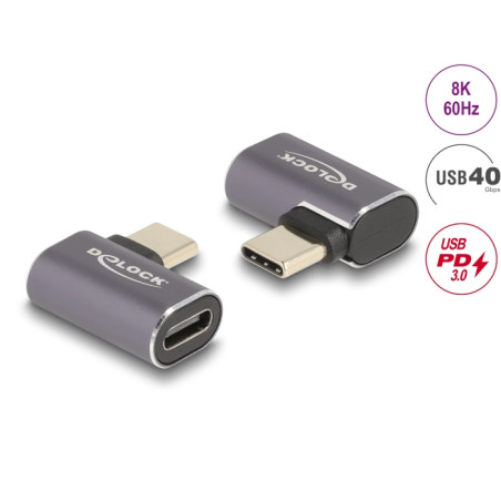 Delock USB Adapter 40 Gbps USB Type-C™ PD 3.0 100 W Stecker zu Buchse gewinkelt links / rechts 8K 60 Hz Metall